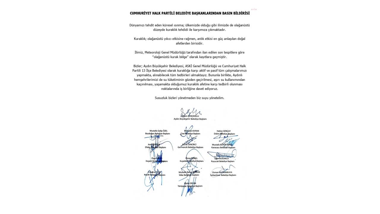 Aydın’ın Chp’li Belediyelerinden Kuraklık Riskine Karşı İş Birliği İçin Ortak Bildiri