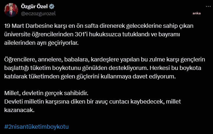 Chp Genel Başkanı Özgür Özel: Gençlerin Başlattığı Tüketim Boykotunu Gönülden Destekliyorum