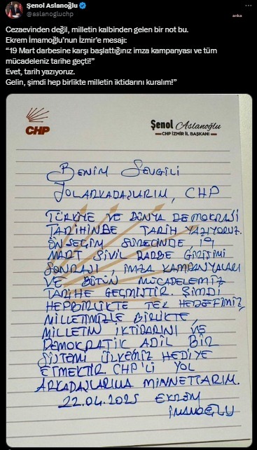 Chp İzmir İl Başkanı Şenol Aslanoğlu, Ekrem İmamoğlu’nun Cezaevinden Gönderdiği Mesajı Paylaştı