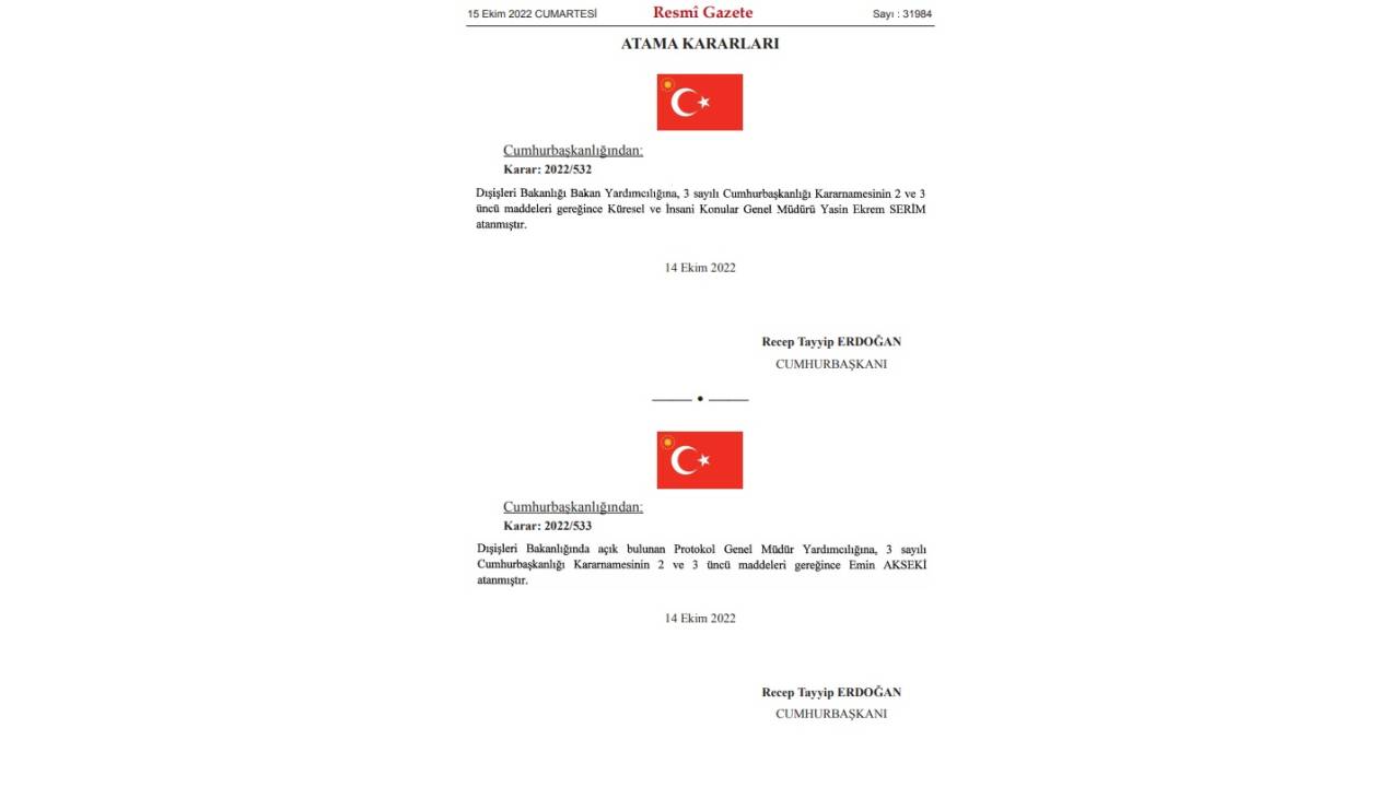 Dışişleri Bakan Yardımcılığına Yasin Ekrem Serim Atandı