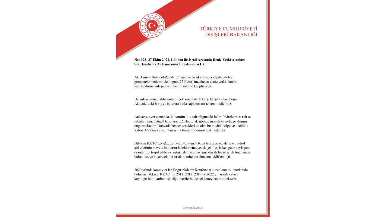 Dışişleri'nden, Lübnan İle İsrail'in Yaptığı Anlaşmaya İlişkin Açıklama