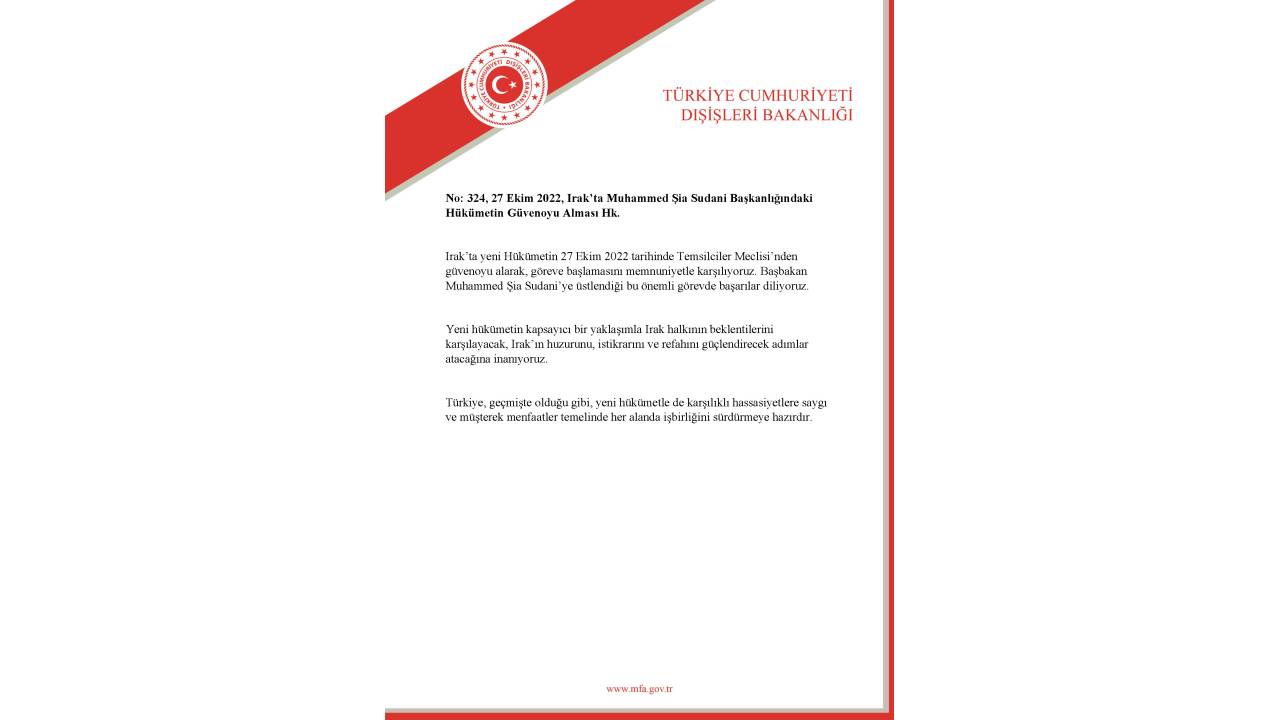 Dışişleri: Irak Başbakanı Sudani'ye Üstlendiği Görevde Başarılar Diliyoruz