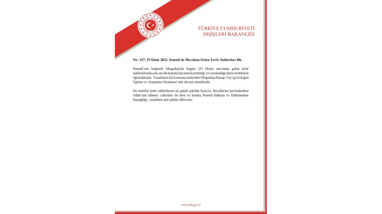 Dışişleri'nden Somali'deki Terör Saldırısında Ölenler İçin Taziye Mesajı