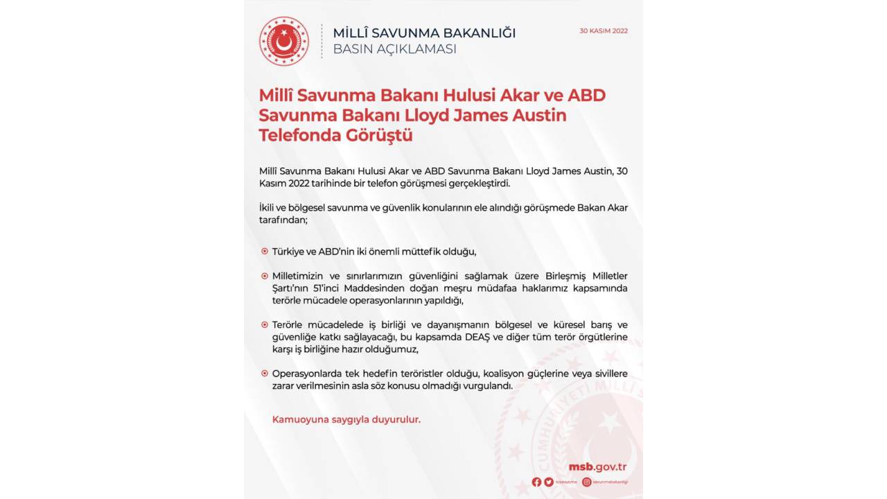 Bakan Akar, ABD'li mevkidaşı ile görüştü