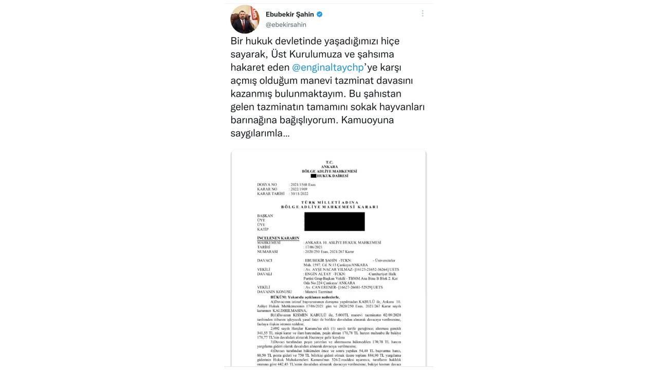 RTÜK Başkanı Şahin, CHP'li Altay'a karşı açtığı 'tazminat' davasını kazandı