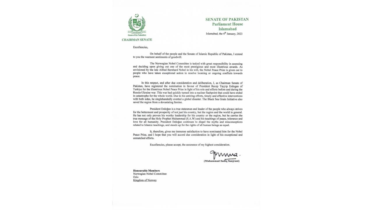 Erdoğan'ın Nobel adaylığı için ilk destek Pakistan Senato Başkanı'ndan