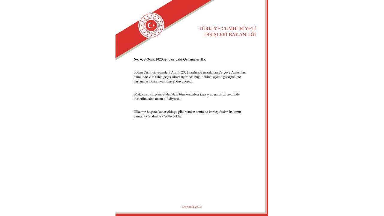 Dışişleri'nden Sudan'da imzalanan 'Çerçeve Anlaşması'na ilişkin açıklama
