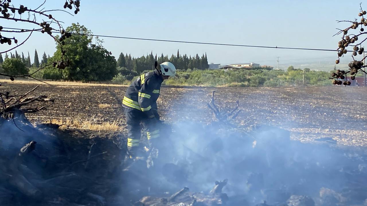 Anız Yangınında Alevler Bahçesine Sıçrayınca Hortumla Müdahale Etti