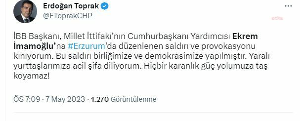 Erdoğan Toprak’tan İmamoğlu’na Yönelik Provokasyona Tepki: Bu Saldırı Demokrasimize Yapılmıştır
