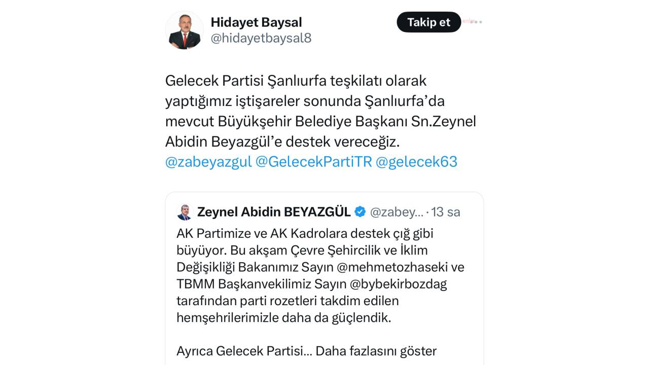 Gelecek Partisi Şanlıurfa’da Adayını Çekti…