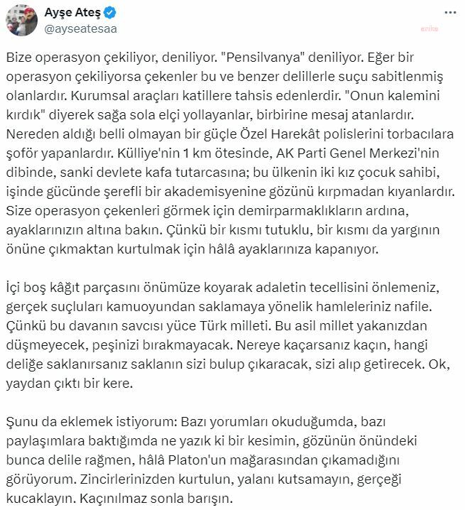 Ayşe Ateş: Suçluları Kamuoyundan Saklamaya Yönelik Hamleleriniz Nafile