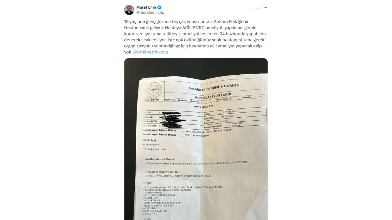 Murat Emir'den Bakan Koca'ya: "Çok Övündüğünüz Şehir Hastanesinde Bayramda Acil Ameliyat Yapacak Ekip Yok"