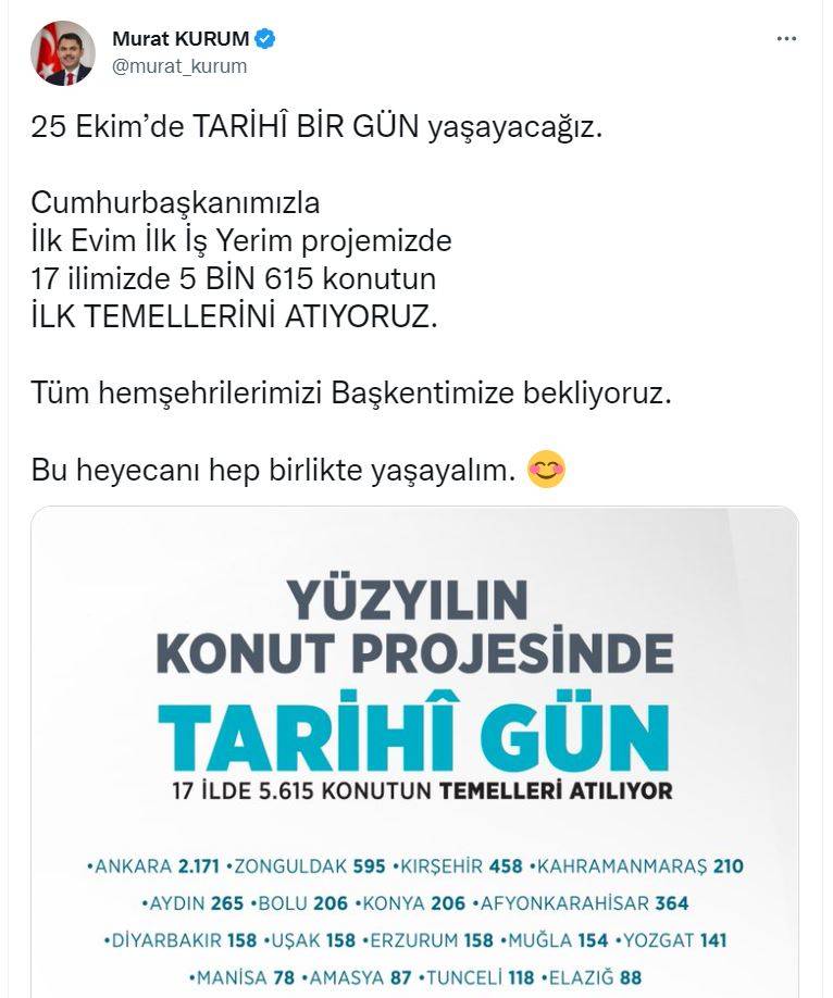 Bakan Kurum: 'ilk Evim İlk İş Yerim' Projesinin Temellerini 25 Ekim'de Atacağız